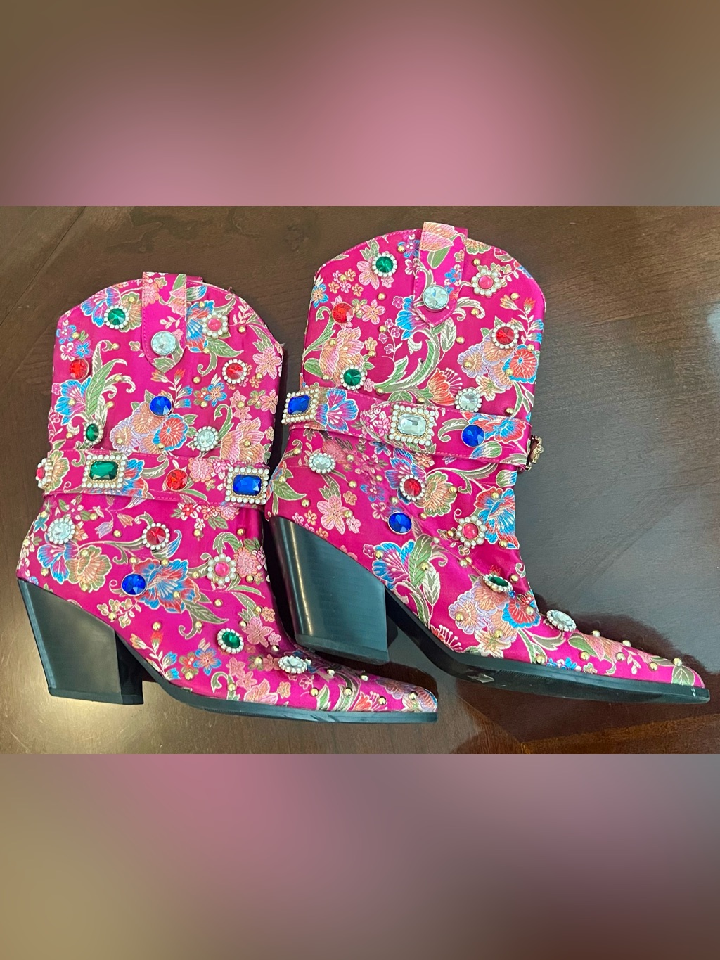 Fuchsia Embroidered Mid-Calf Western Boots With Jewel Accents
